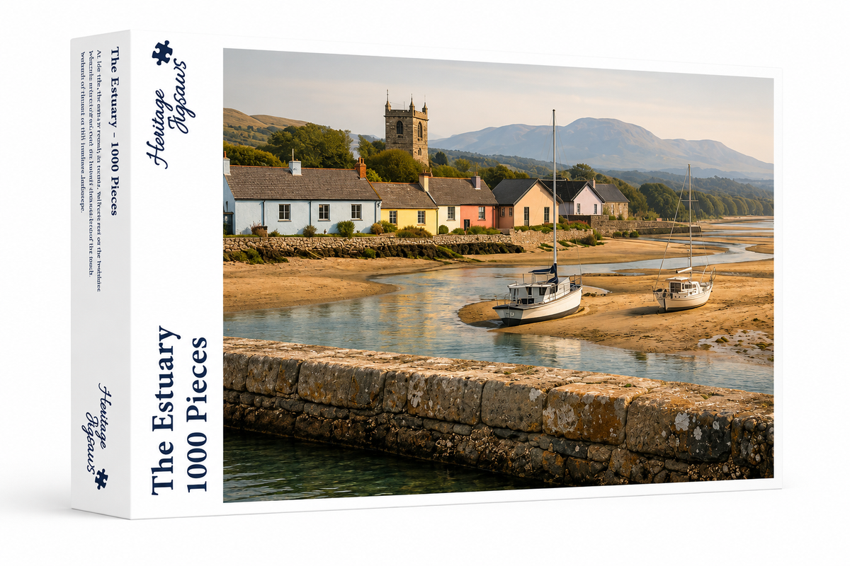 The Estuary 1000-piece jigsaw box, Heritage Jigsaws Coastal Range, showing sailboats at low tide.