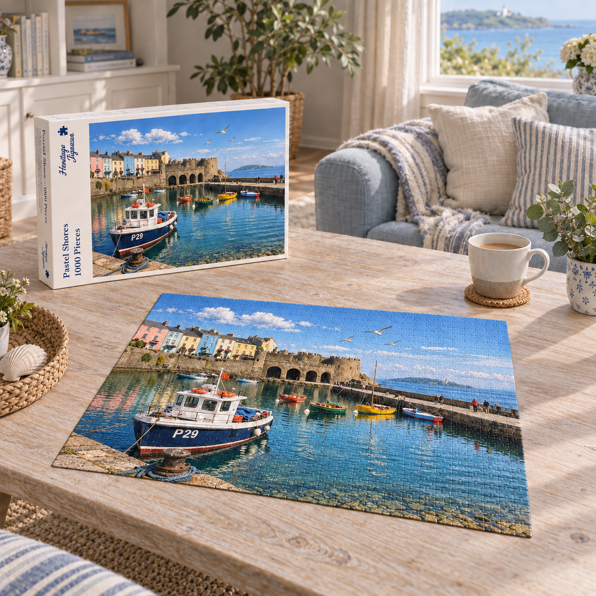 Pastel Shores 1000 piece jigsaw box and completed puzzle on a coffee table, showing a blue fishing boat moored below pastel terraced houses and the arches of a walled Welsh harbour