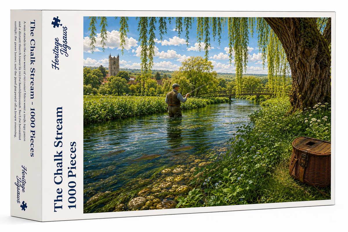 The Chalk Stream 1000-piece jigsaw box, Heritage Jigsaws Sports Range, showing the angler beneath the willow tree.