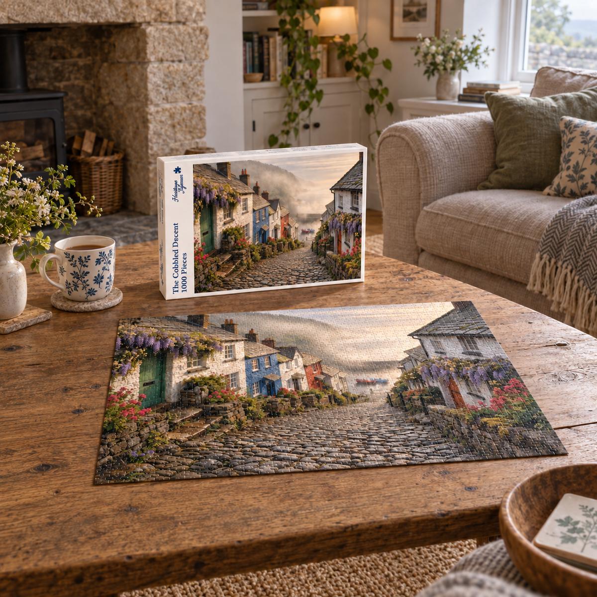 The Cobbled Descent 1000 piece jigsaw box and completed puzzle on an oak table, showing a steep cobbled street of flower-hung cottages dropping towards a misty Devon harbour