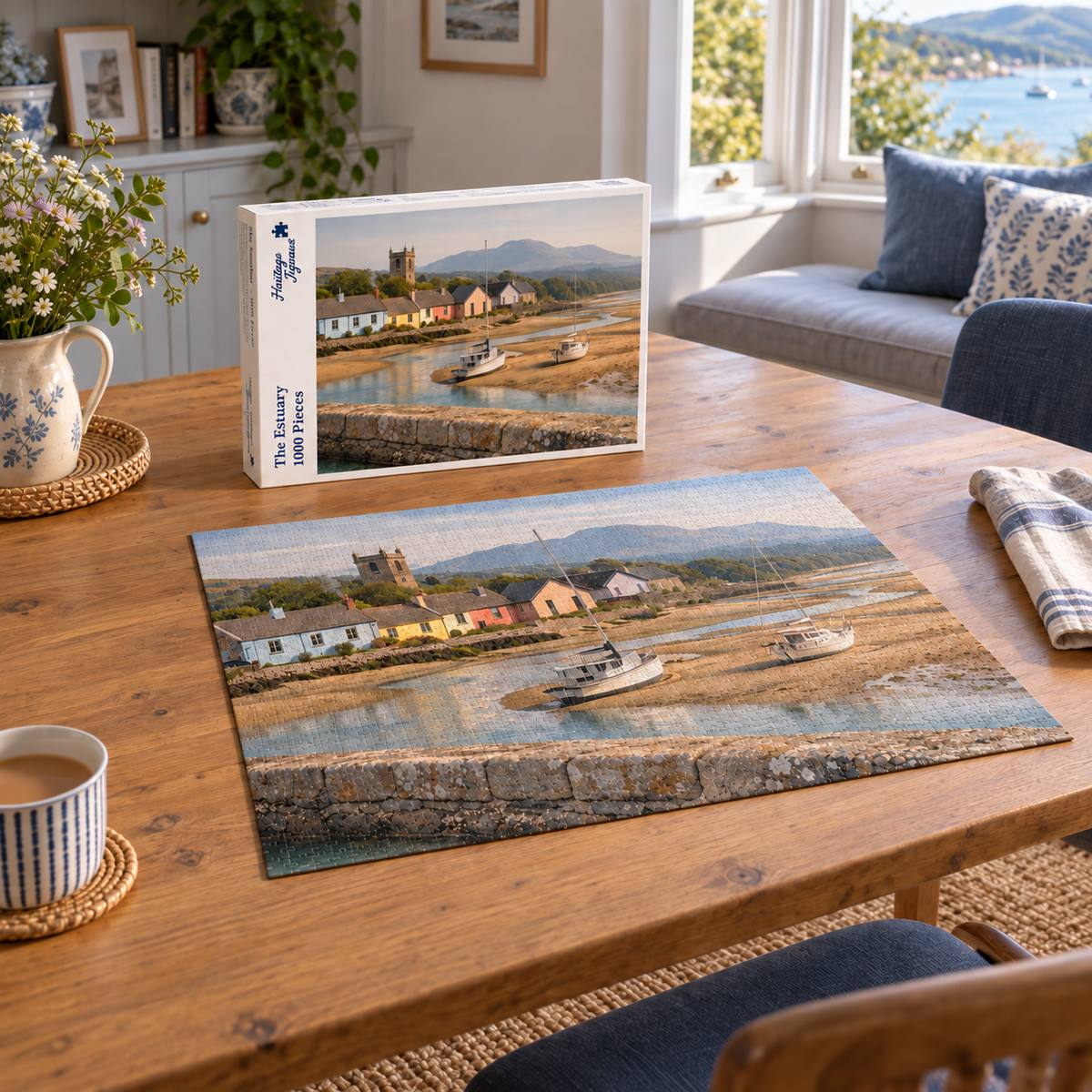 The Estuary 1000 piece jigsaw box and completed puzzle on an oak table, showing yachts grounded on the sand at low tide below pastel cottages, a church tower and distant mountains