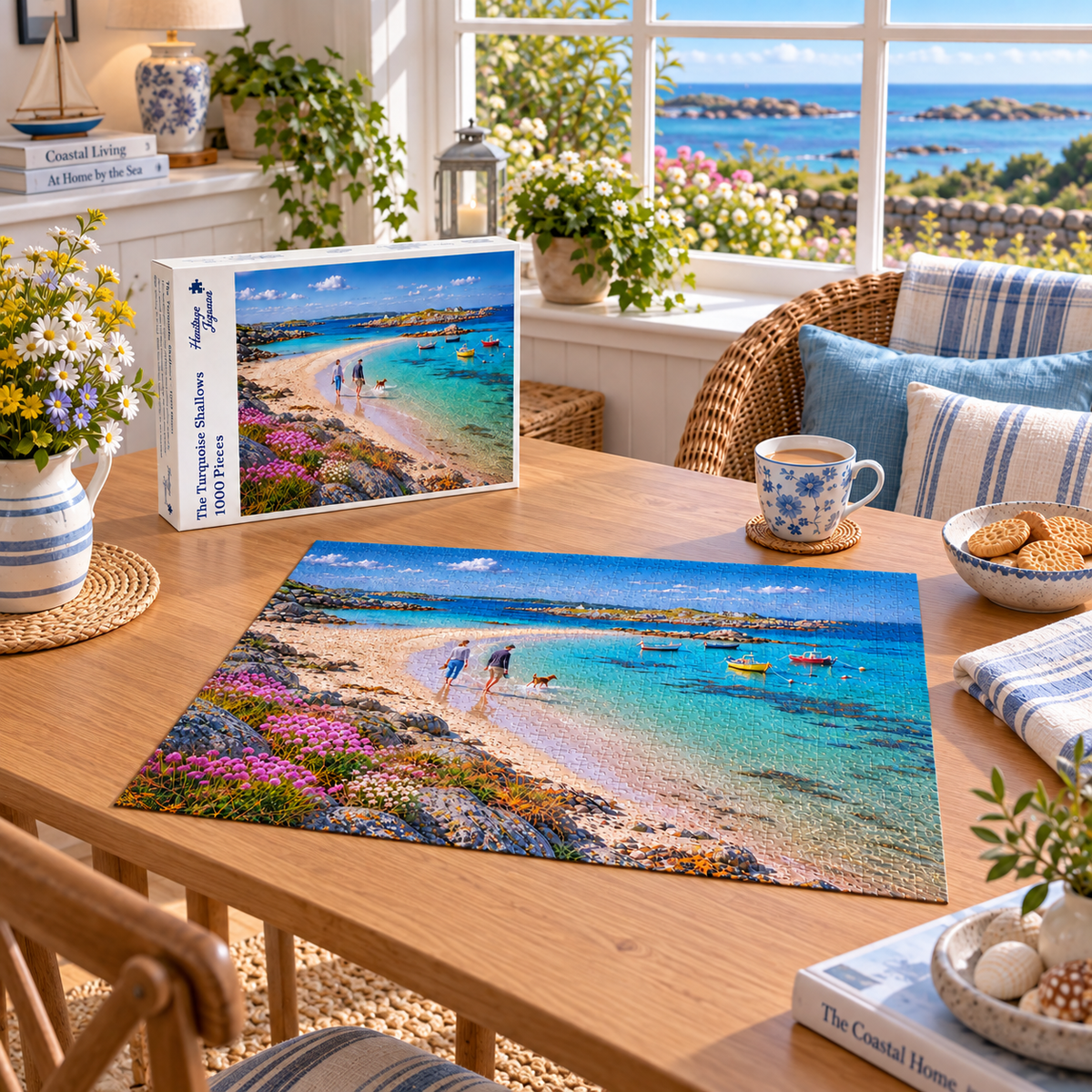 The Turquoise Shallows 1000 piece jigsaw box and completed puzzle on a sunlit table, showing a couple and their dog walking a white sand beach on the Isles of Scilly