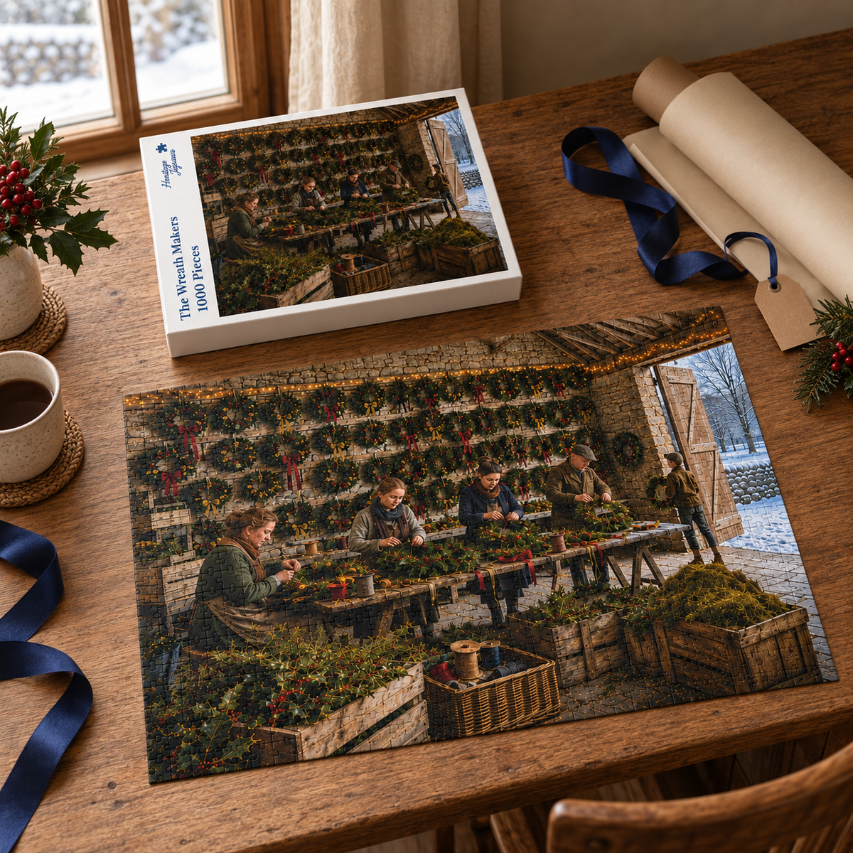 The Wreath Makers 1000 piece jigsaw box and completed puzzle on a table with ribbon and wrapping paper, showing women making holly wreaths in a snowy barn workshop