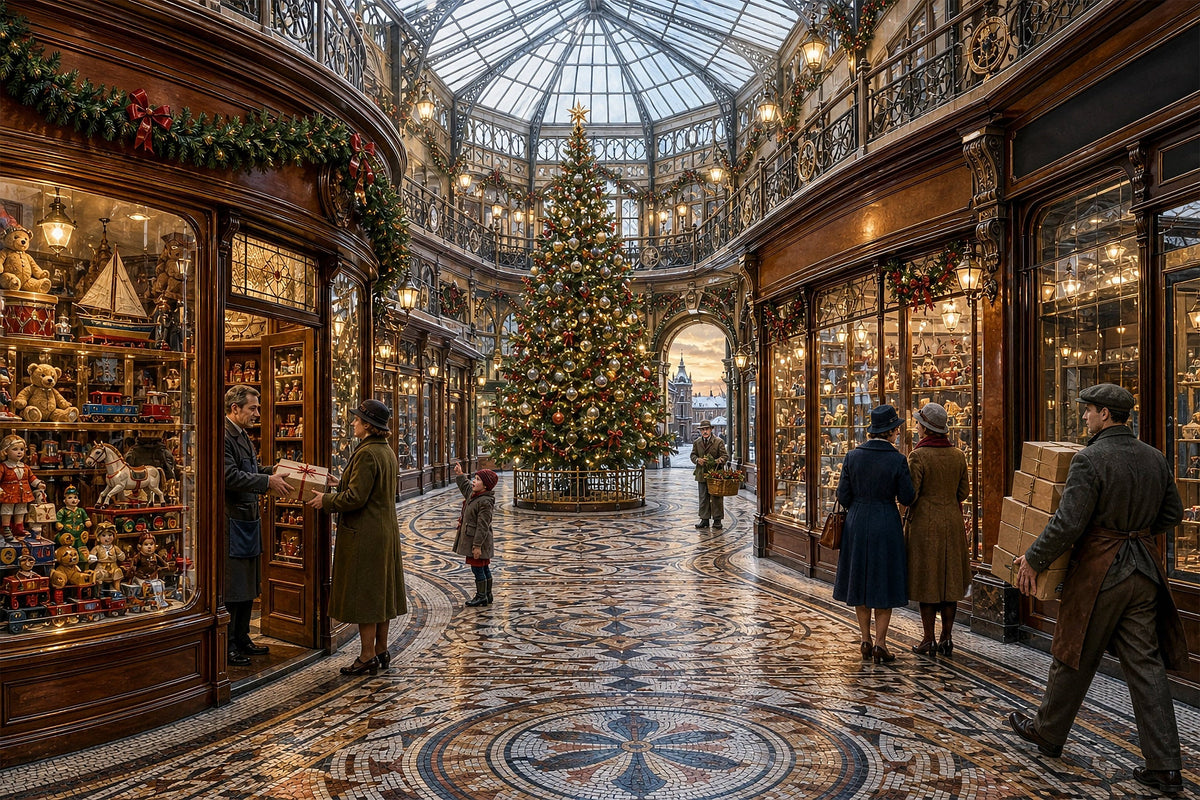 The Christmas Arcade 1000-piece British Christmas jigsaw puzzle with a glass roofed arcade, lit shopfronts and toyshop window.