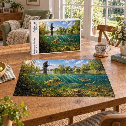 Beneath the Surface 1000 piece jigsaw box and completed puzzle on an oak table, showing a fly fisherman above an English river with perch, pike and crayfish below the waterline