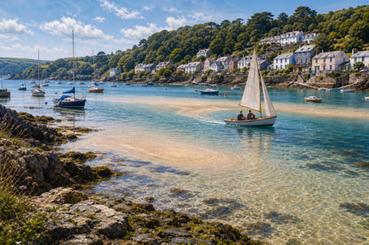 The Sandbar 1000-piece British coastal jigsaw puzzle with a gaff rigged dinghy, tidal creek, pastel cottages and wooded hillside.