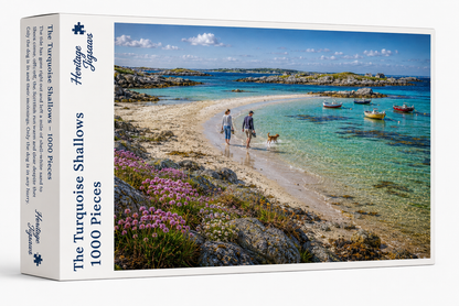 The Turquoise Shallows 1000-piece jigsaw puzzle box from the Heritage Jigsaws Coastal Range, showing the low tide beach scene.