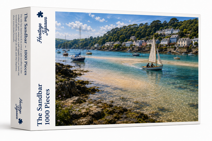 The Sandbar 1000-piece jigsaw puzzle box from the Heritage Jigsaws Coastal Range, showing the tidal creek and dinghy scene.