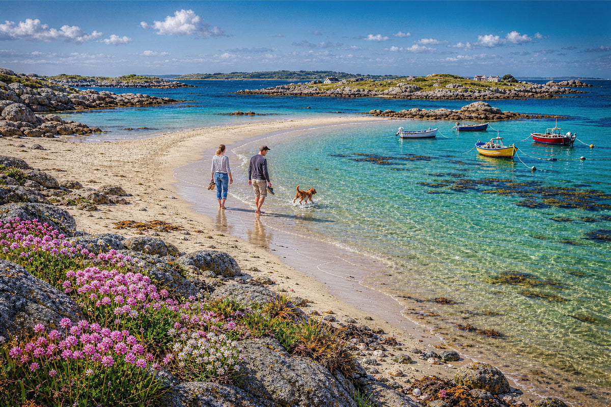 The Turquoise Shallows 1000-piece British coastal jigsaw puzzle with white sand, clear turquoise shallows, moored boats and thrift.