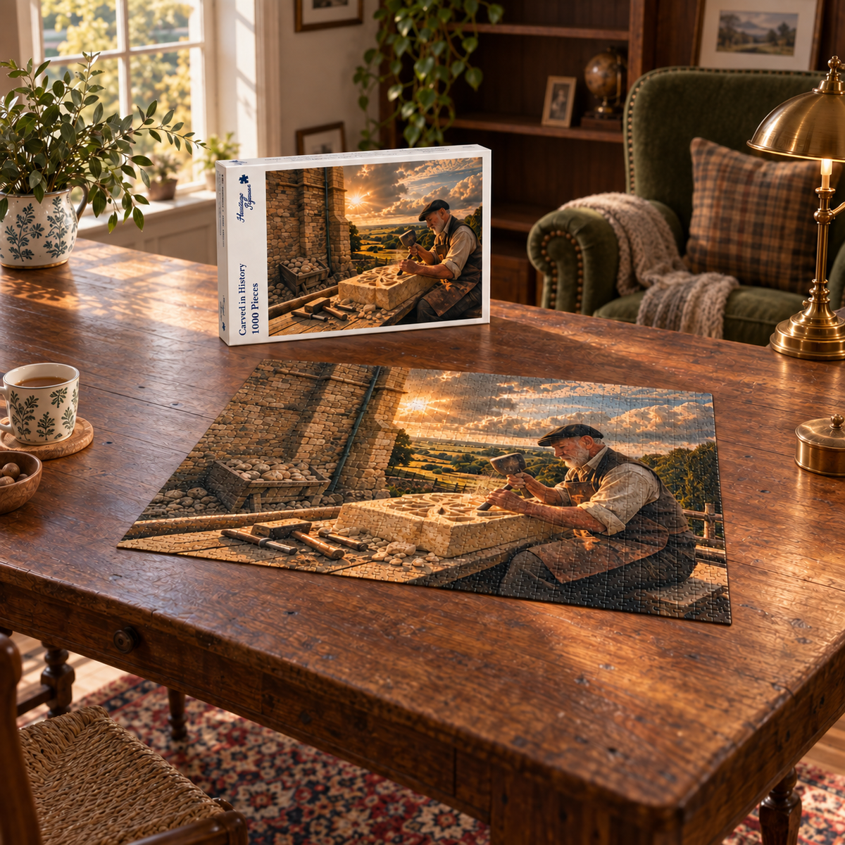 Carved in History 1000 piece jigsaw box and completed puzzle on an oak table, showing a stonemason cutting tracery into a golden block at sunset with his chisels laid out beside him