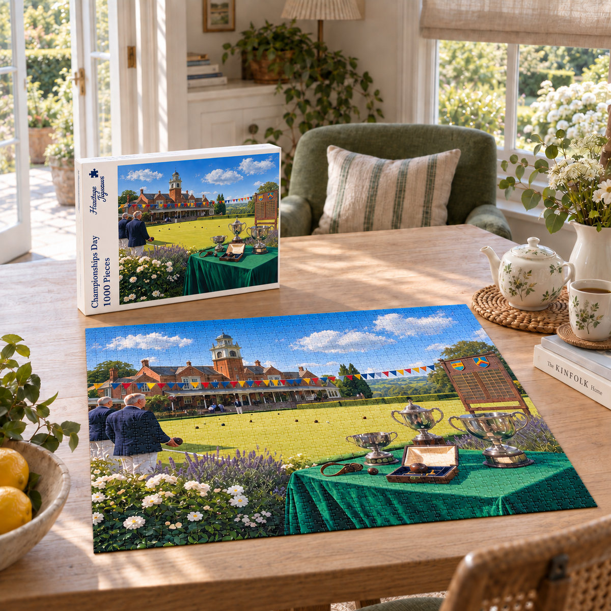 Championships Day 1000 piece jigsaw box and completed puzzle on a kitchen table, showing silver trophies on a baize table beside a bowls green with bunting and a red brick clubhouse