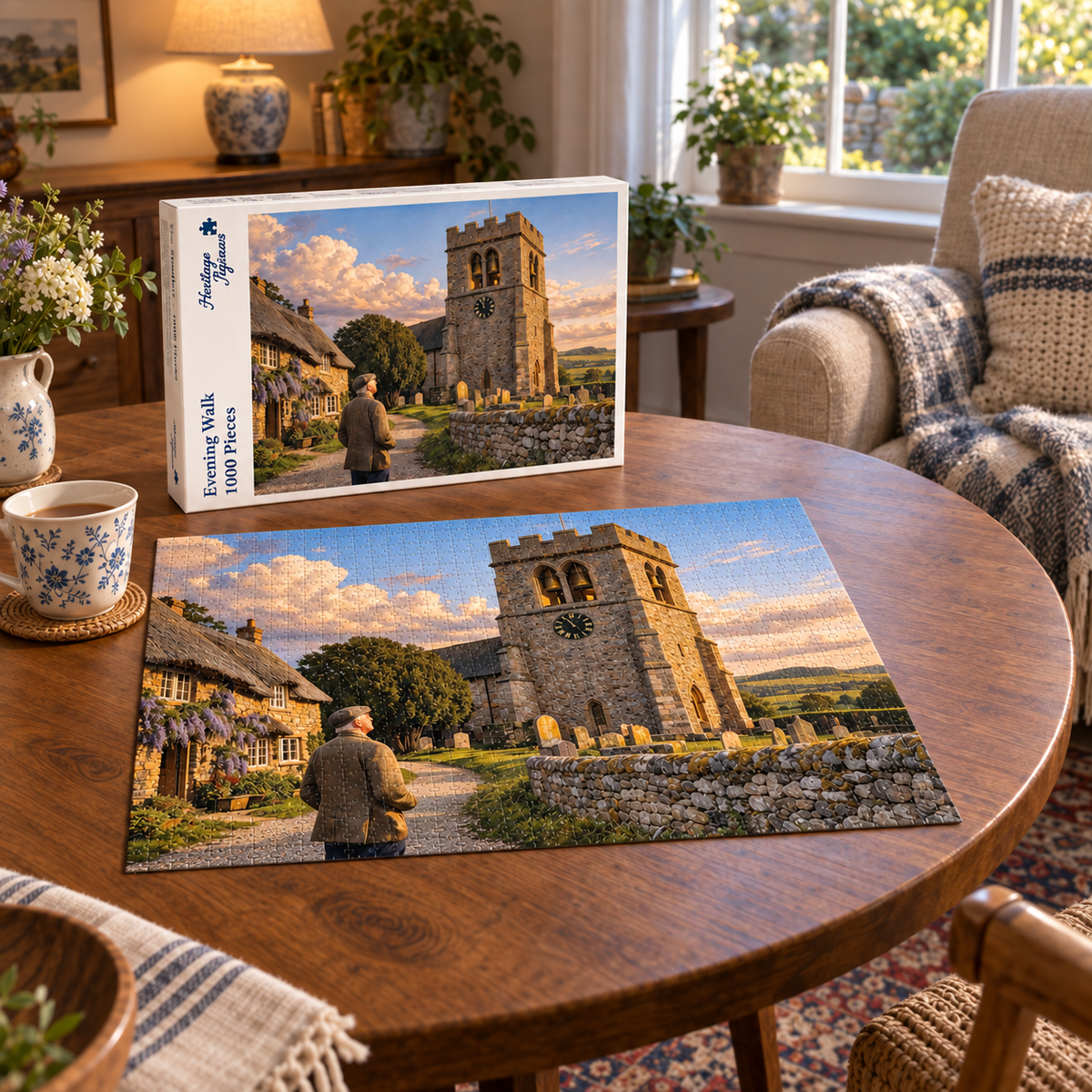Evening Walk 1000 piece jigsaw box and completed puzzle on a round table, showing a man walking a village lane past a wisteria-clad cottage towards a stone church tower at sunset