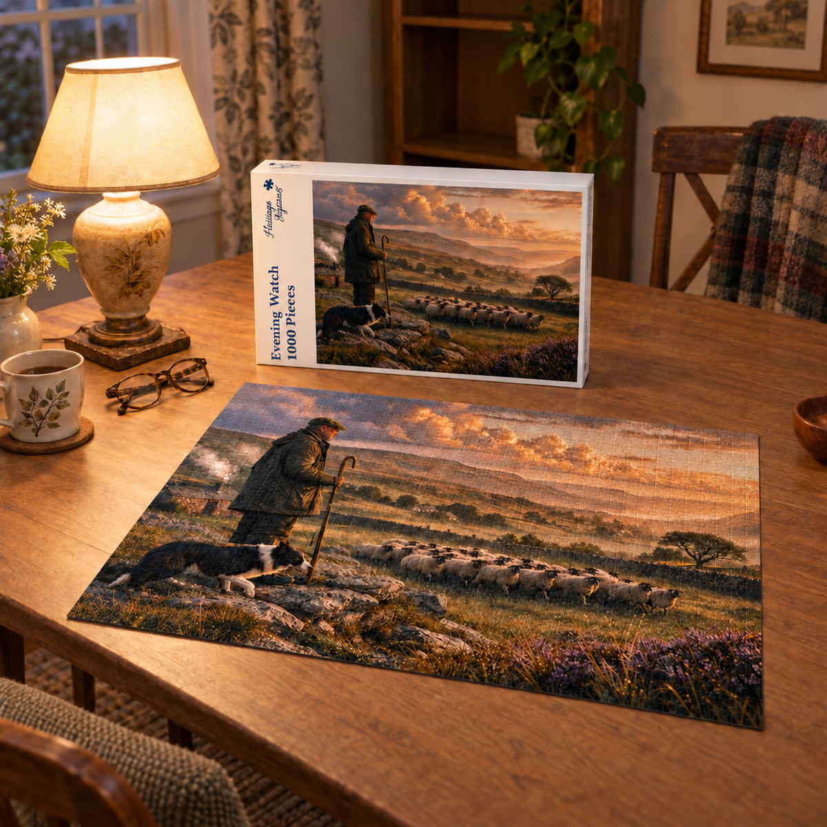 Evening Watch 1000 piece jigsaw box and completed puzzle on a lamplit table, showing a shepherd and his collie watching a flock cross heather moorland in the Yorkshire Dales at dusk