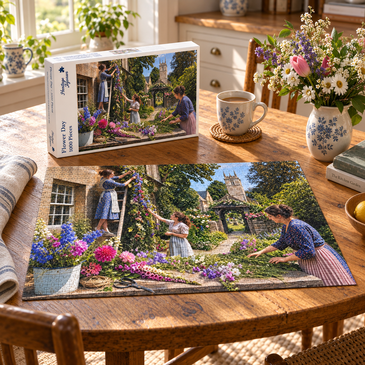 Flower Day 1000 piece jigsaw box and completed puzzle on a farmhouse table, showing women cutting delphiniums and dahlias outside a Cotswold cottage beside a village church