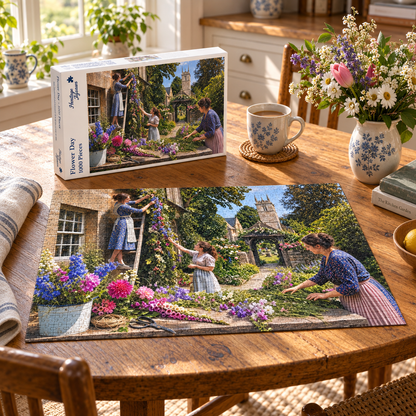 Flower Day 1000 piece jigsaw box and completed puzzle on a farmhouse table, showing women cutting delphiniums and dahlias outside a Cotswold cottage beside a village church