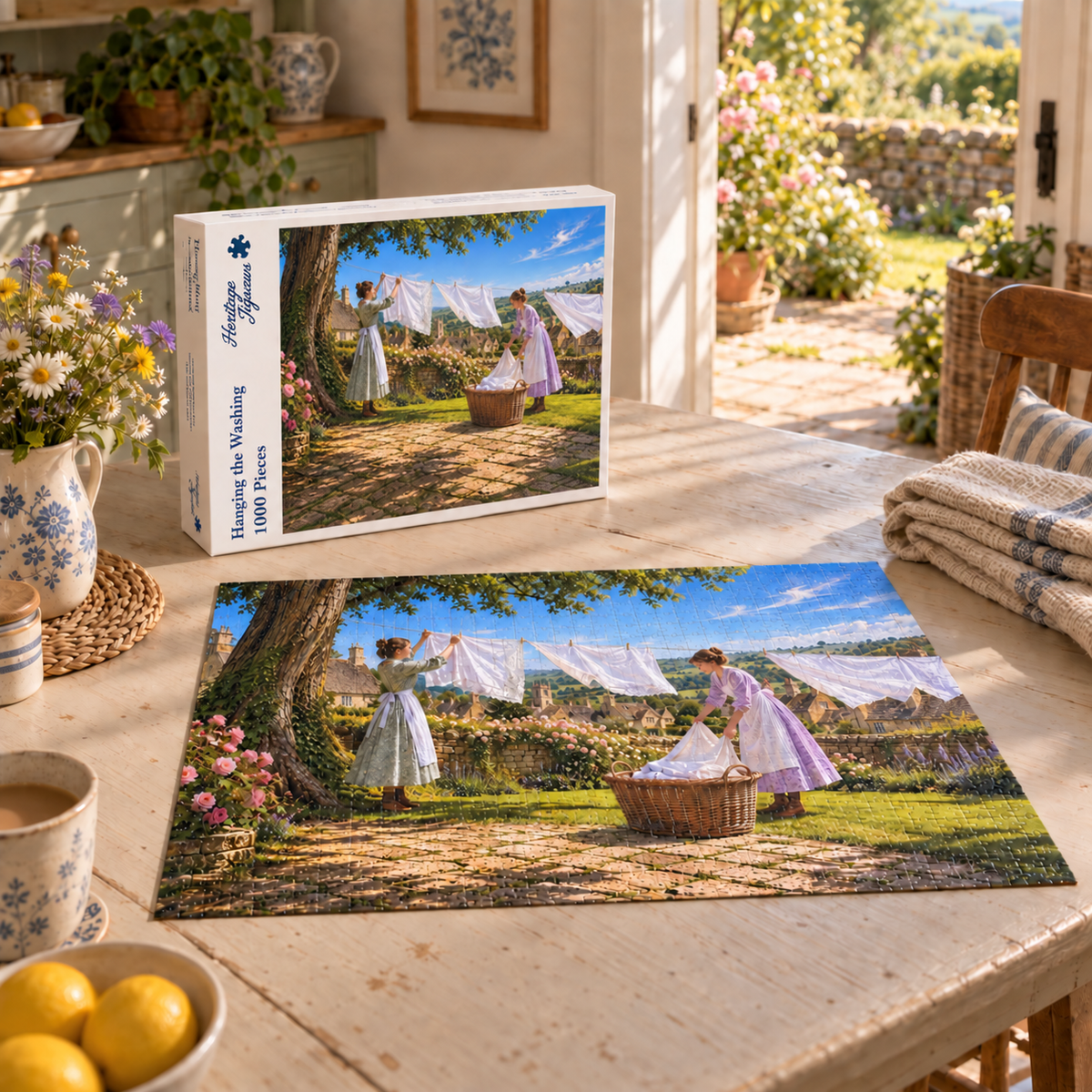 Hanging the Washing 1000 piece jigsaw box and completed puzzle on a kitchen table, showing two women pegging white linen on a line above a Cotswold village