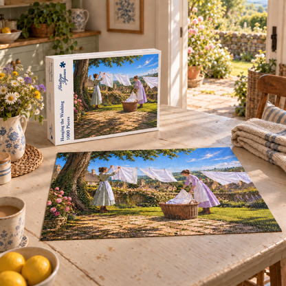 Hanging the Washing 1000 piece jigsaw box and completed puzzle on a kitchen table, showing two women pegging white linen on a line above a Cotswold village