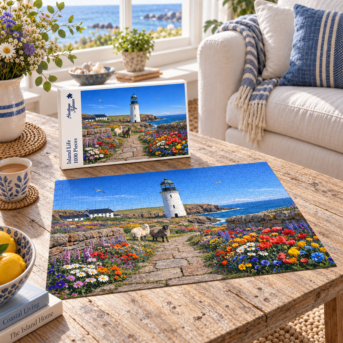 Island Life 1000 piece jigsaw box and completed puzzle on a coffee table, showing a Scottish island lighthouse and keeper's cottages with sheep and banks of wildflowers