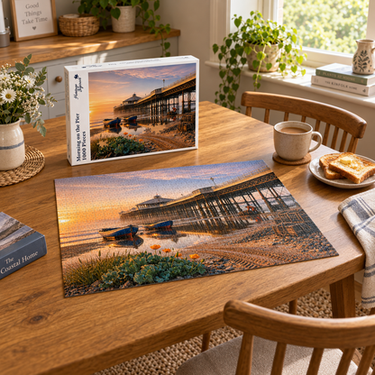 Morning on the Pier 1000 piece jigsaw box and completed puzzle on an oak table, showing a Victorian seaside pier at sunrise with two rowing boats on the wet sand