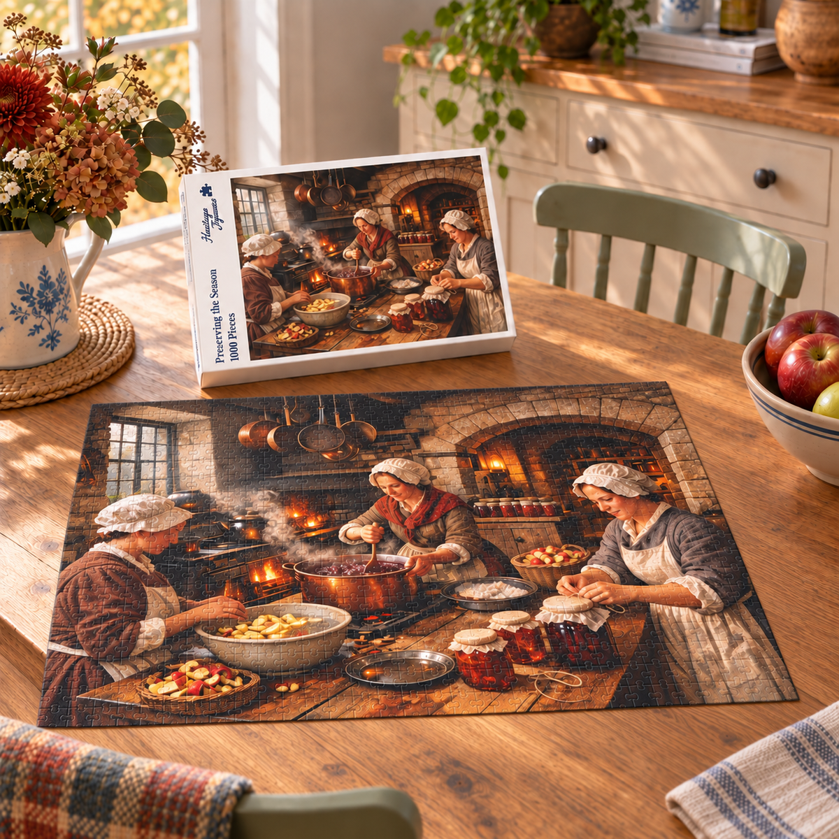 Preserving the Season 1000 piece jigsaw box and completed puzzle on an oak table, showing three women in mob caps bottling fruit and stirring a copper pan in a stone farmhouse kitchen