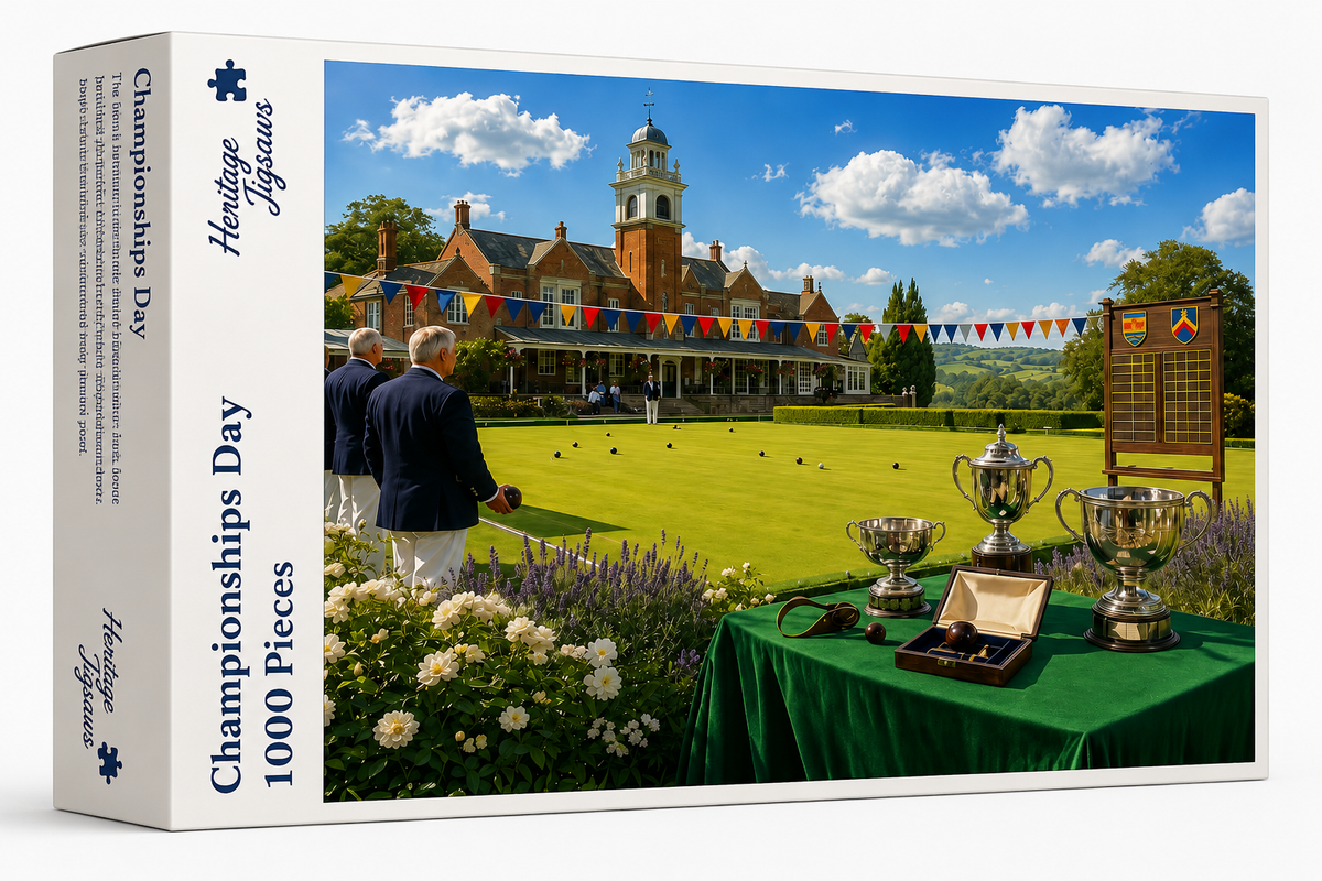 Championships Day 1000-piece jigsaw box, Heritage Jigsaws Sports Range, showing the bowls green and trophy table.