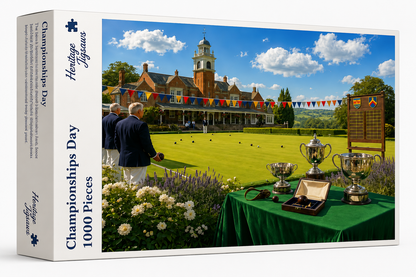 Championships Day 1000-piece jigsaw box, Heritage Jigsaws Sports Range, showing the bowls green and trophy table.