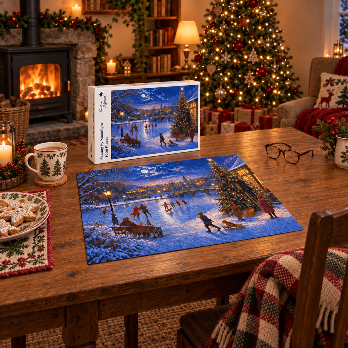 Skating by Moonlight 1000 piece jigsaw box and completed puzzle on a festive table, showing skaters on a frozen river under a full moon beside a lit Christmas tree and snowy town
