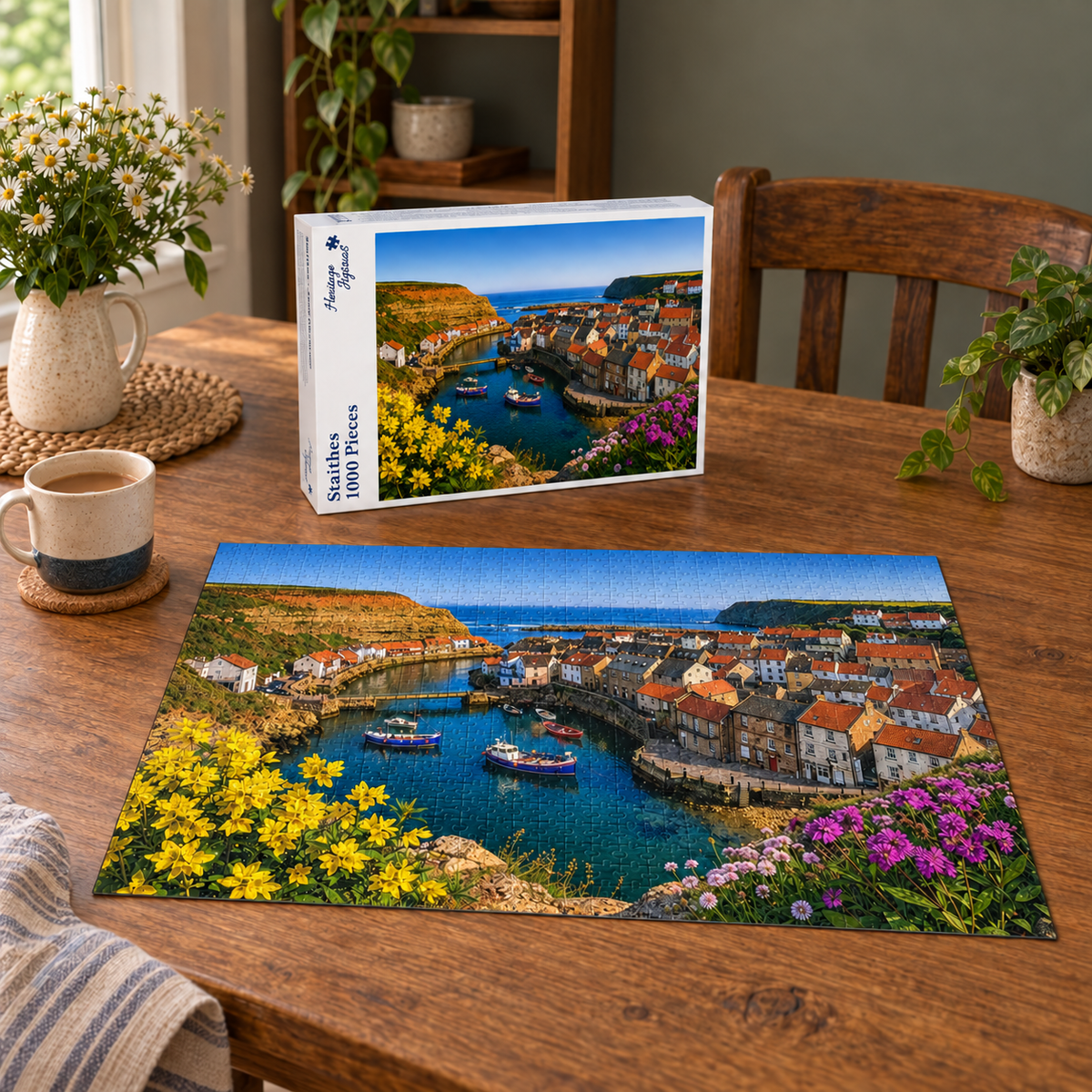 Staithes 1000 piece jigsaw box and completed puzzle on an oak table, showing the North Yorkshire fishing village's harbour and red-roofed cottages framed by clifftop wildflowers