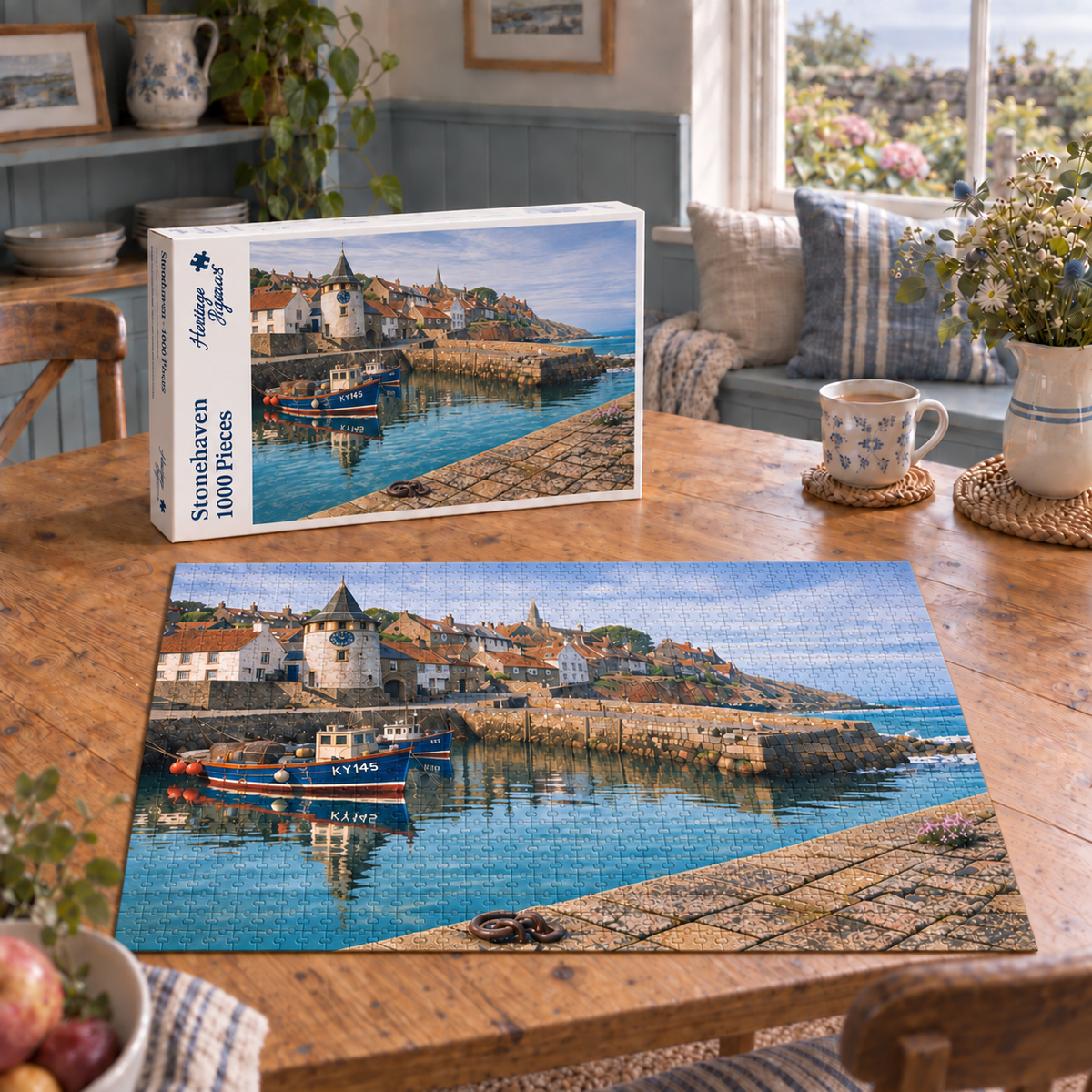 Stonehaven 1000 piece jigsaw box and completed puzzle on a pine table, showing a blue fishing boat moored in the Scottish harbour below a stone clock tower and huddled cottages