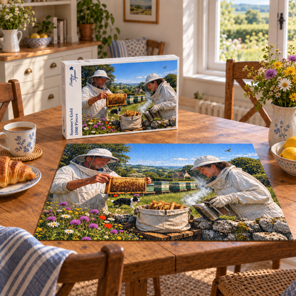 Summer's Gold 1000 piece jigsaw box and completed puzzle on a farmhouse table, showing two beekeepers lifting a honeycomb frame beside their hives in a wildflower meadow