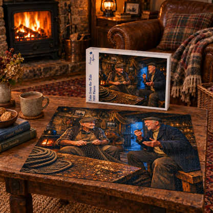 Tales from the Tide 1000 piece jigsaw box and completed puzzle on a coffee table, showing two old fishermen swapping stories over nets and rope in a lamplit harbour hut