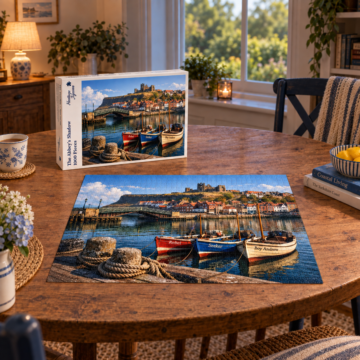 The Abbey's Shadow 1000 piece jigsaw box and completed puzzle on a round table, showing three fishing cobles moored below Whitby Abbey with the swing bridge and harbour beyond