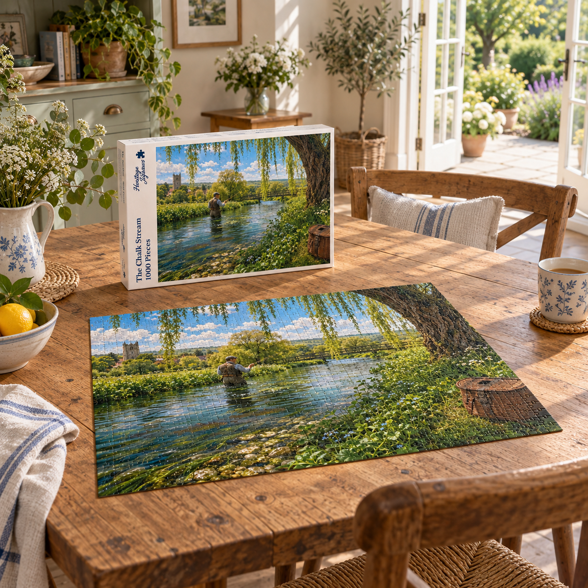 The Chalk Stream 1000 piece jigsaw box and completed puzzle on a farmhouse table, showing a fly fisherman casting under a willow on an English chalk stream