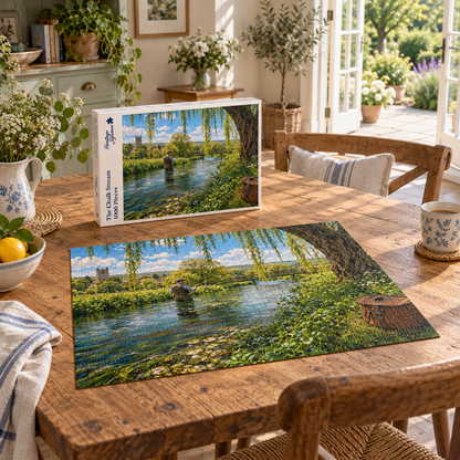 The Chalk Stream 1000 piece jigsaw box and completed puzzle on a farmhouse table, showing a fly fisherman casting under a willow on an English chalk stream