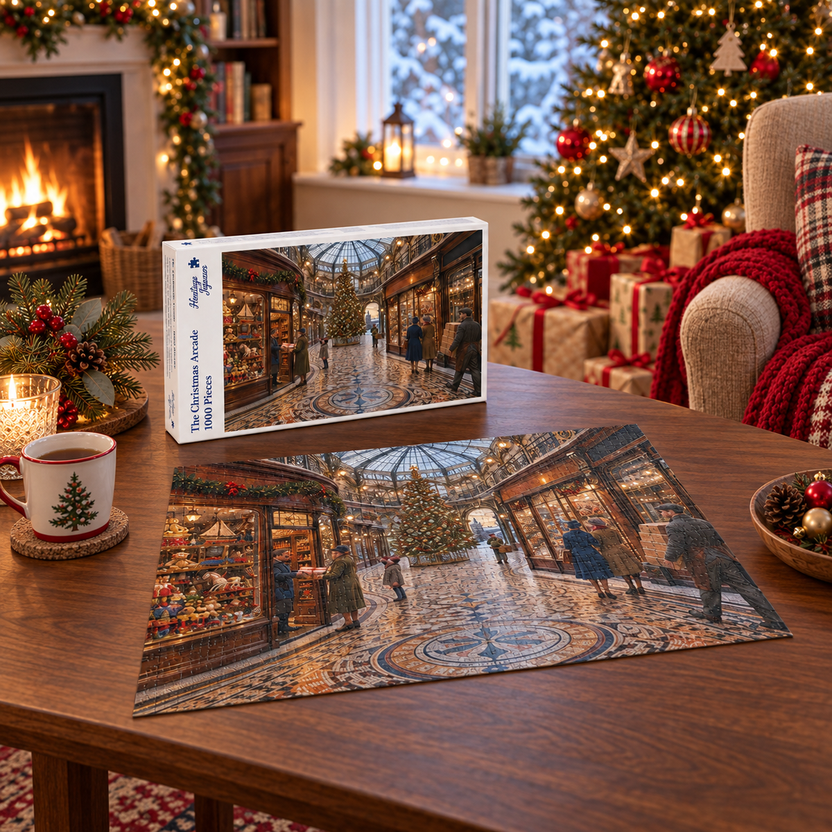 The Christmas Arcade 1000 piece jigsaw box and completed puzzle beside a lit fire, showing shoppers in a glass-roofed Victorian shopping arcade with a Christmas tree