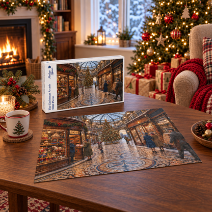 The Christmas Arcade 1000 piece jigsaw box and completed puzzle beside a lit fire, showing shoppers in a glass-roofed Victorian shopping arcade with a Christmas tree