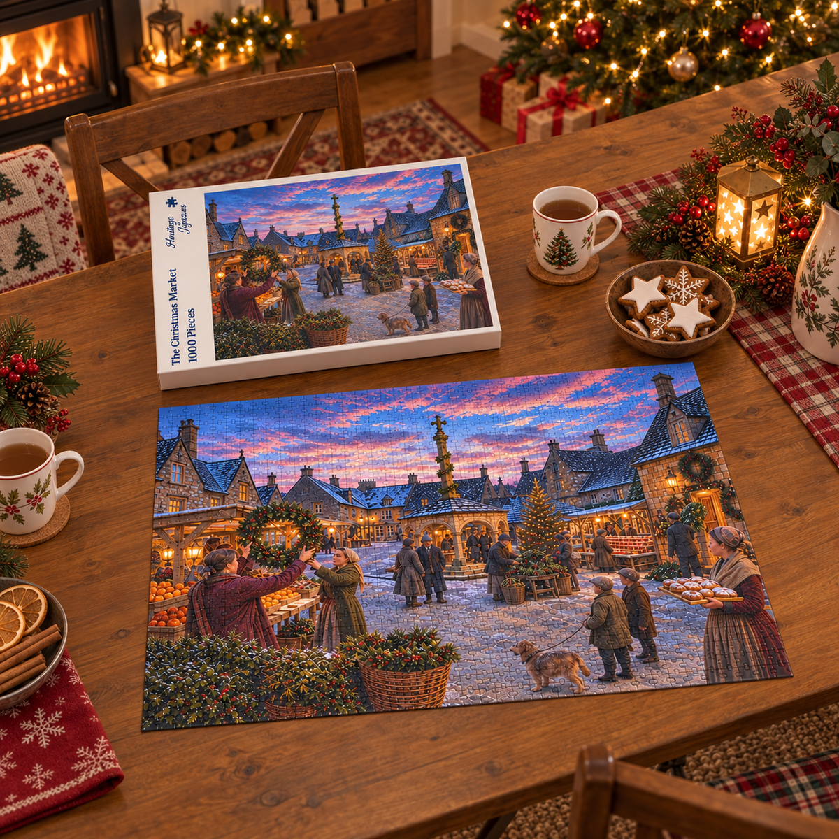 The Christmas Market 1000 piece jigsaw box and completed puzzle on a festive table, showing a snowy Cotswold market square at dusk with wreath stalls and a market cross