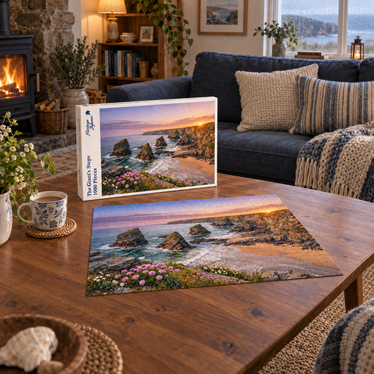 The Giant's Steps 1000 piece jigsaw box and completed puzzle on a coffee table, showing sea stacks and a Cornish cove at sunset with sea thrift flowering along the clifftop