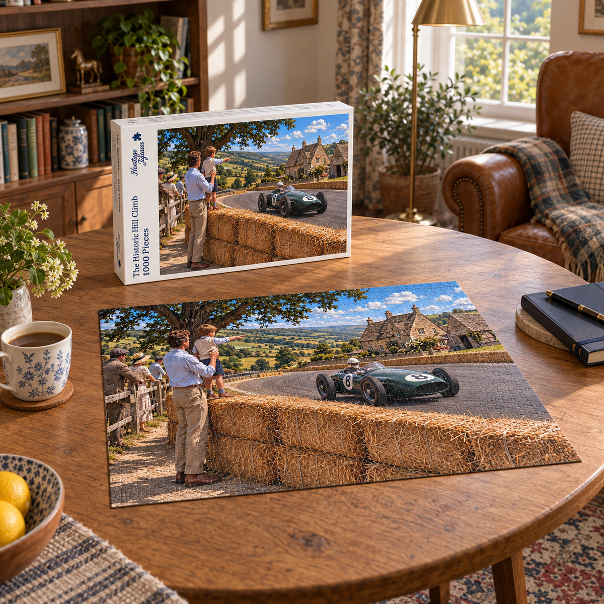 The Historic Hill Climb 1000 piece jigsaw box and completed puzzle on a round oak table, showing a green vintage racing car passing straw bales as a father lifts his son to watch