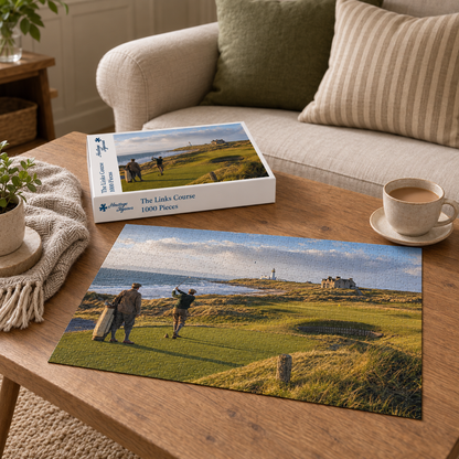 The Links Course 1000 piece jigsaw box and completed puzzle on a coffee table, showing a golfer driving from a Scottish links tee with a lighthouse and clubhouse beyond