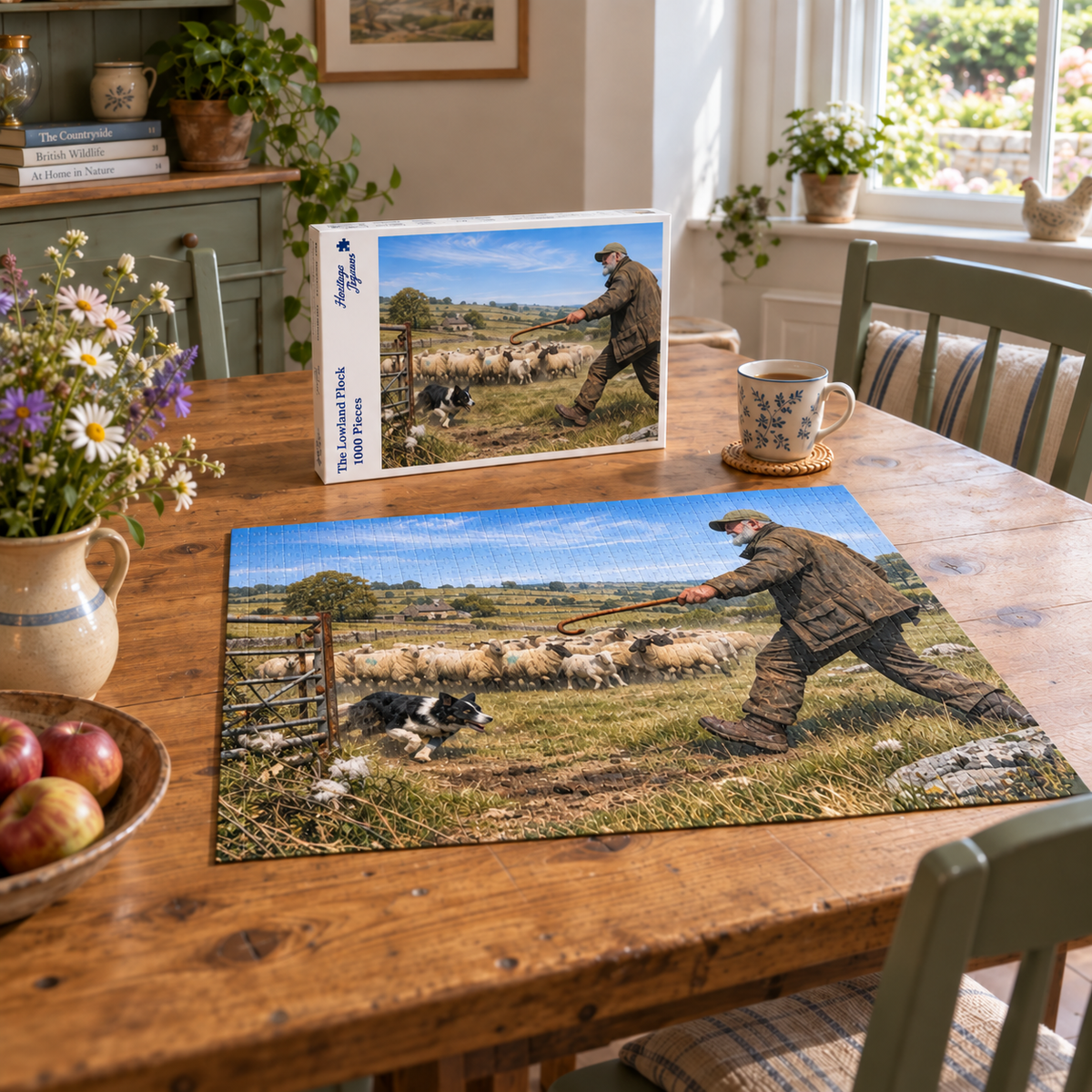 The Lowland Flock 1000 piece jigsaw box and completed puzzle on a farmhouse table, showing a farmer and his border collie driving sheep through a field gate under a summer sky