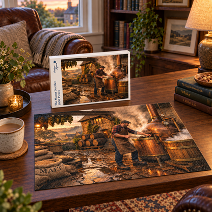 The Master Distiller 1000 piece jigsaw box and completed puzzle on a dark wood table, showing a distiller working a copper still beside oak casks and malt sacks in a cobbled yard