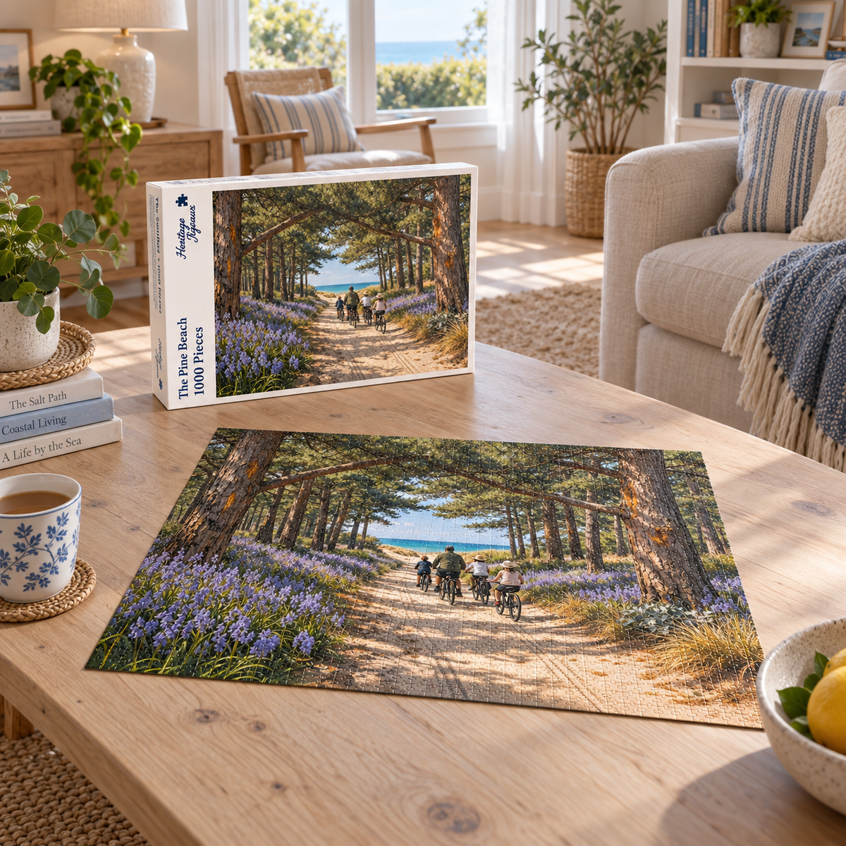 The Pine Beach 1000 piece jigsaw box and completed puzzle on a coffee table, showing cyclists on a sandy track through pines and bluebells heading down to the sea