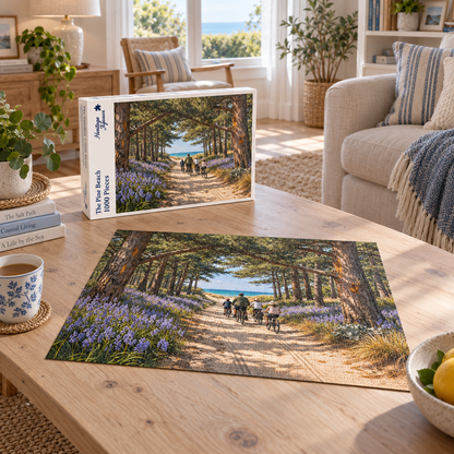 The Pine Beach 1000 piece jigsaw box and completed puzzle on a coffee table, showing cyclists on a sandy track through pines and bluebells heading down to the sea