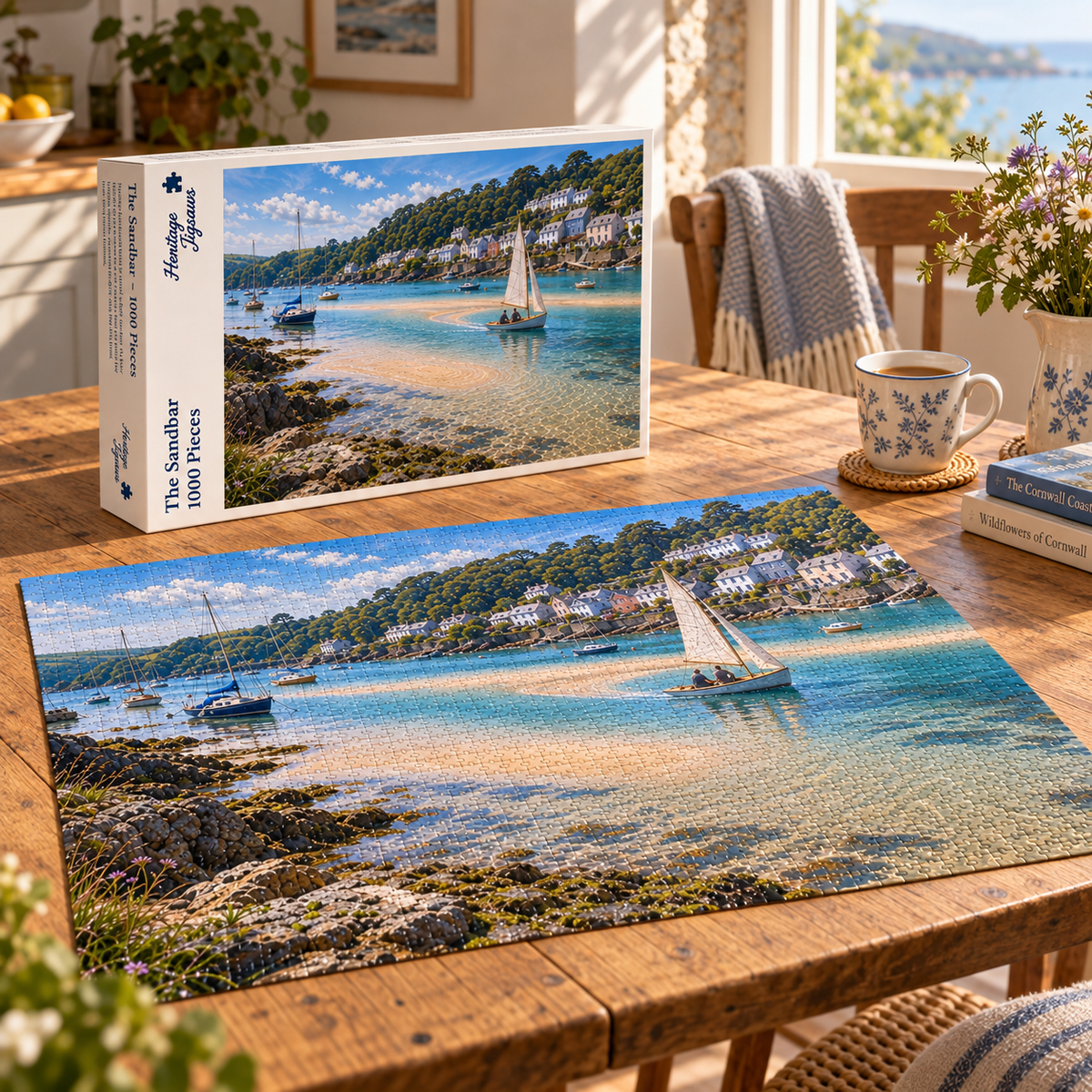 The Sandbar 1000 piece jigsaw box and completed puzzle on a kitchen table, showing a sailing dinghy crossing a turquoise South Devon estuary below white hillside cottages