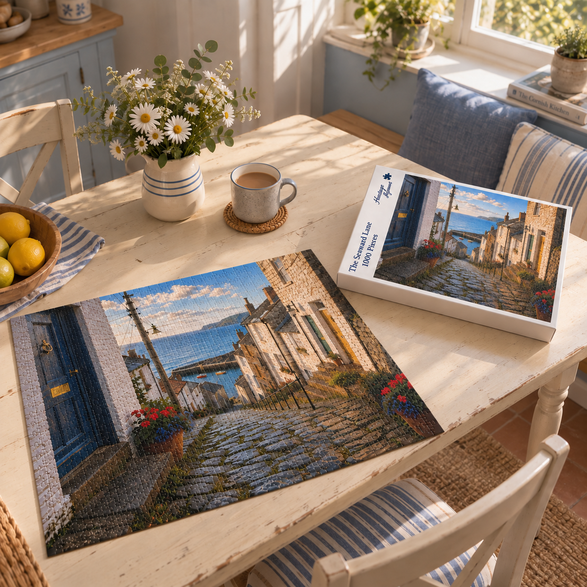 The Seaward Lane 1000 piece jigsaw box and completed puzzle on a painted table, showing a cobbled Cornish lane between stone cottages running down to a sunlit harbour