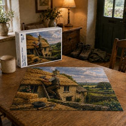 The Thatcher's View 1000 piece jigsaw box and completed puzzle on a dark oak table, showing a thatcher at work on a stone cottage roof above a patchwork English valley