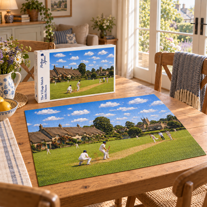 The Village Match 1000 piece jigsaw box and completed puzzle on an oak table, showing a cricket match on the village green beside thatched cottages and a church tower