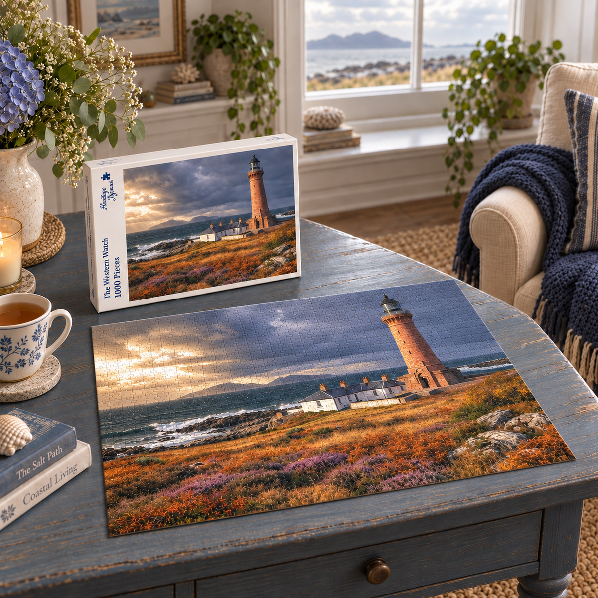 The Western Watch 1000 piece jigsaw box and completed puzzle on a painted table, showing a red lighthouse and keeper's cottages on a Scottish headland under a breaking sky