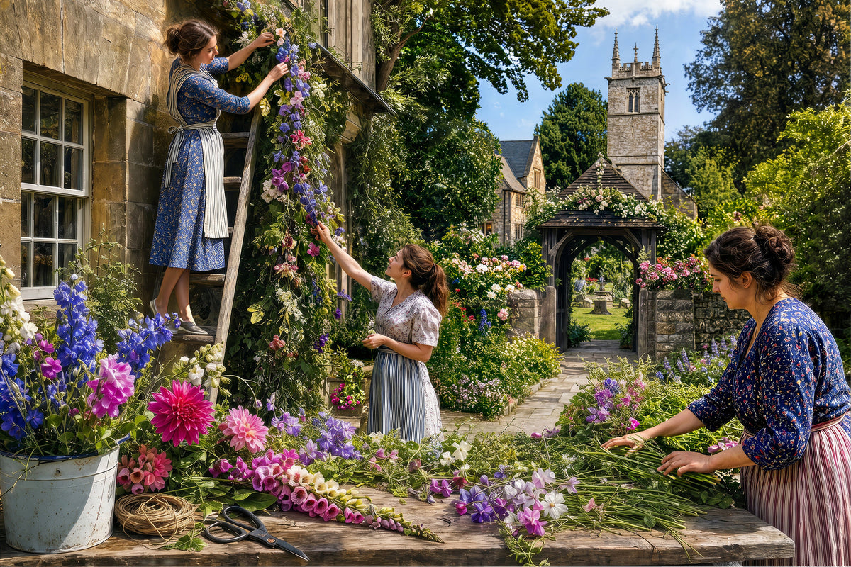 Flower Day 1000-piece British village jigsaw puzzle with delphiniums, dahlias, sweet peas and a flower garland on stone.